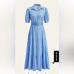 Blue Striped Belted Shirt Dress
